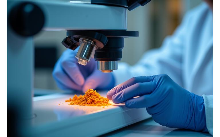 현대적인 실험실에서 향신료의 품질과 안전성을 검사하는 연구원